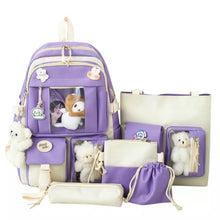 Purple and white Harajuku Kawaii backpack set with plush toys for teen girls styling a cute back-to-school look.