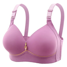 Purple wirefree breathable glossy bra with gold accents, providing supportive comfort for full-figure wear.