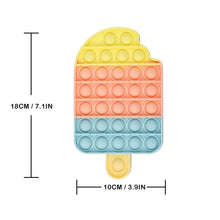 Push pop bubble sensory toy in a popsicle shape with size chart for desk stress relief.