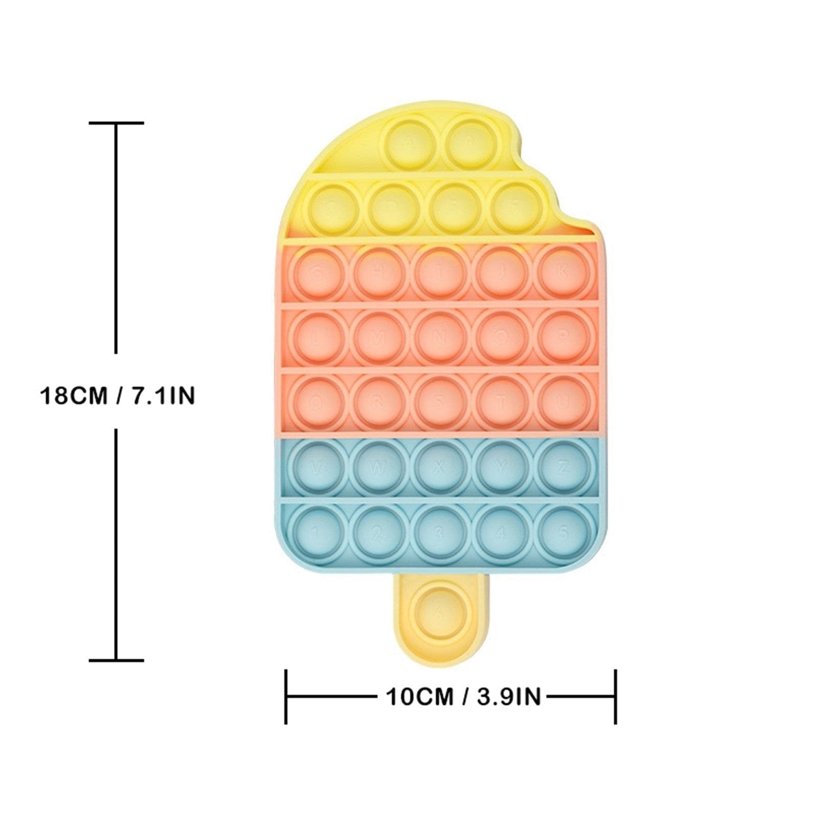 Push pop bubble sensory toy in a popsicle shape with size chart for desk stress relief.