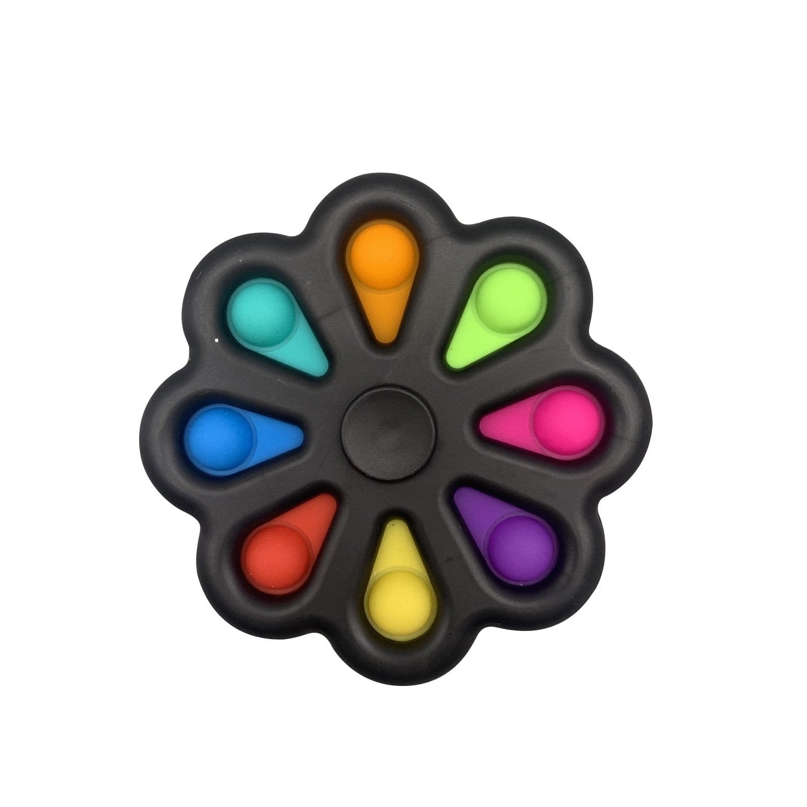 Push pop fidget spinner with colorful beads for calming hand movement and stress relief.