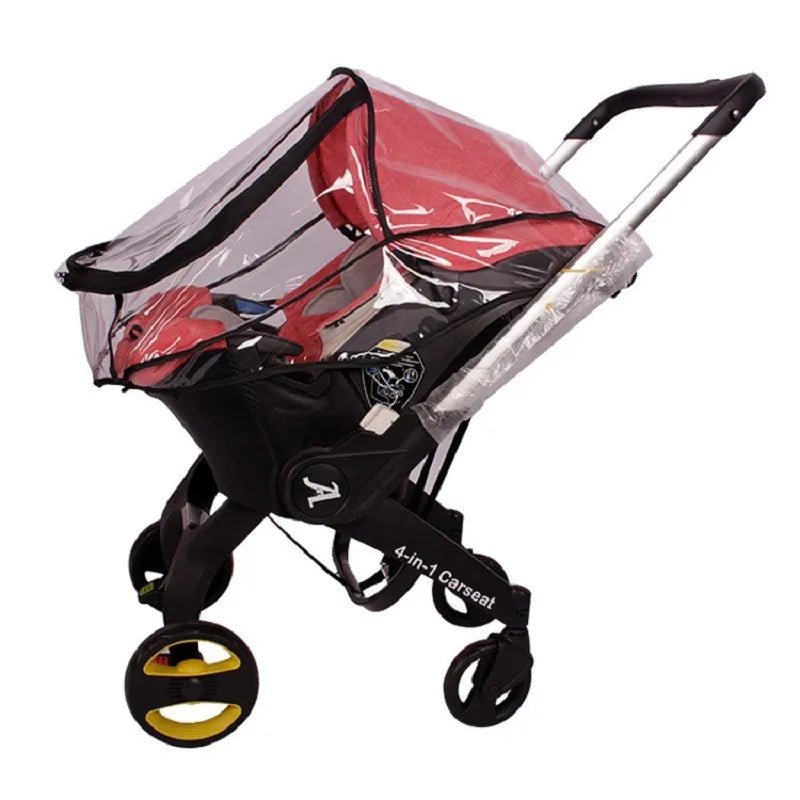 Clear PVC baby stroller rain cover with double zipper for weatherproof outdoor walks.