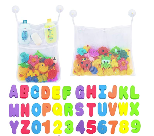 Quick dry mesh bath toy holder filled with colourful letter and number toys for tidy bathtub playtime storage.