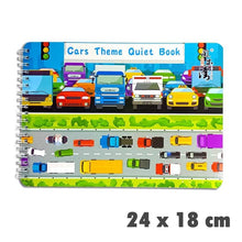 Quiet Busy Book cars and transport themed activity board for toddlers learning vehicle names through quiet sticker play.