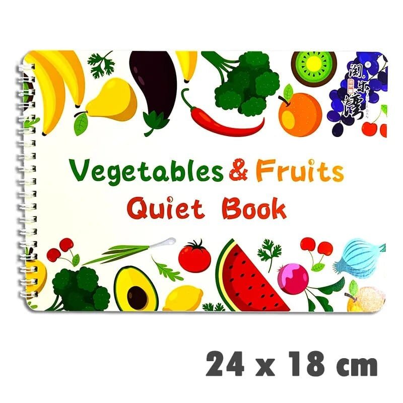 Quiet Busy Book with colourful fruit and vegetable illustrated cover for early food learning and screen-free toddler play.