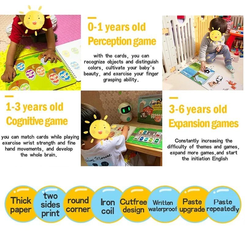 Quiet Busy Book Montessori activity board age guide showing learning stages for babies, toddlers, and preschoolers.