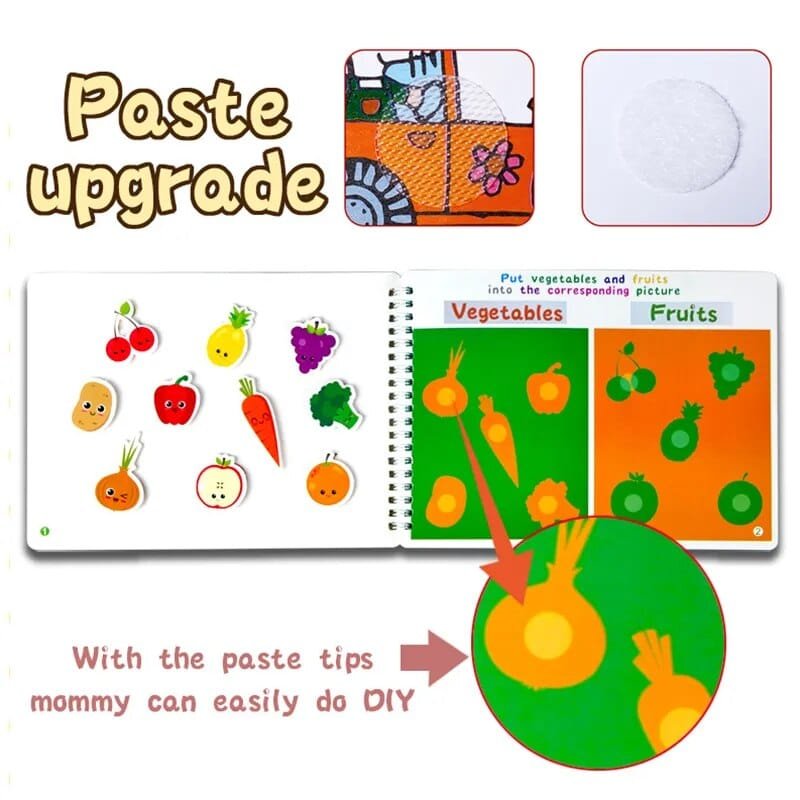 Quiet Busy Book vegetables and fruits activity pages with sticker tasks for teaching food names and fine motor skills.