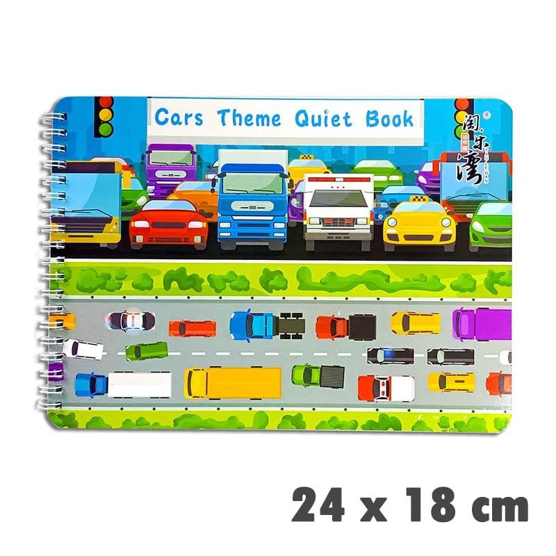 Quiet Busy Book vehicle themed activity board for toddler quiet play during car rides, flights, and waiting times.