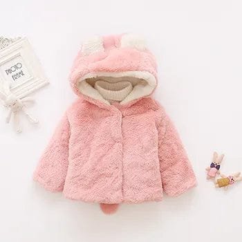 Rabbit Ears Jacket pink baby girl hooded coat for everyday warmth during winter walks and family day trips.