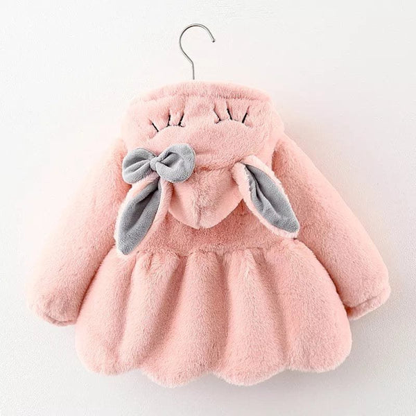 Rabbit Ears Jacket pink hooded winter coat for toddlers, ideal for cold weather walks and nursery drop-offs.
