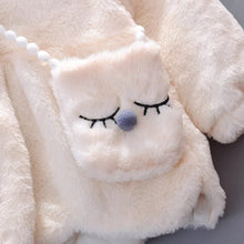 Rabbit Ears Jacket plush hood face detail showing soft fabric for cosy toddler winter wear and nursery photos.