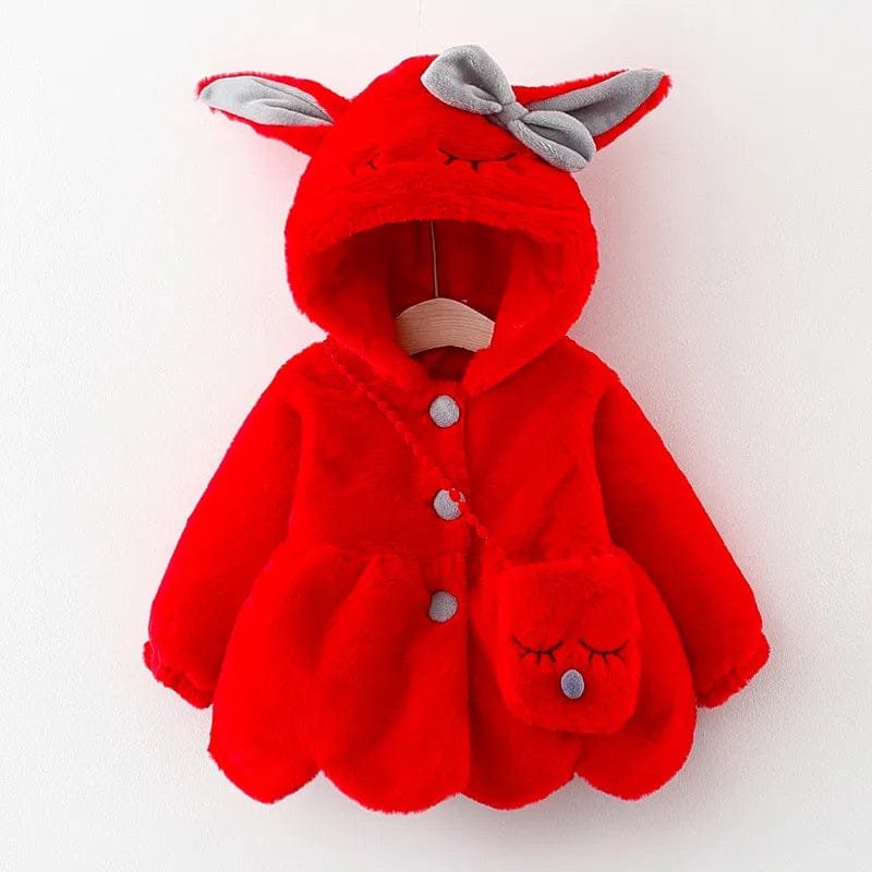 Rabbit Ears Jacket in red, a padded baby winter coat for stroller walks, family visits, and chilly errands.