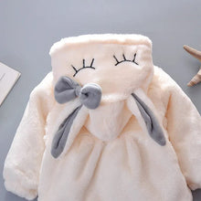 Rabbit Ears Jacket fluffy white toddler coat with bow and eye design for winter outings and special occasion dressing.