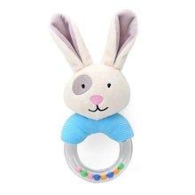 Soft Animal Handbell Rattle in rabbit design with teething ring for baby gum relief and sensory play.