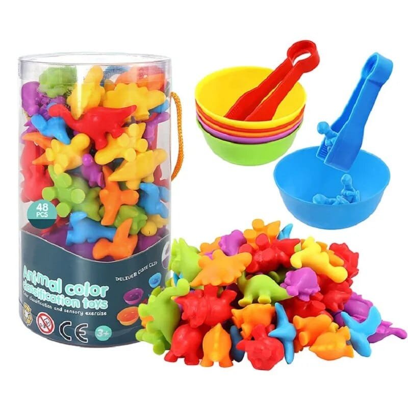 Rainbow Animal Matching Game full set with storage tube for tidy Montessori colour sorting play at home or nursery.