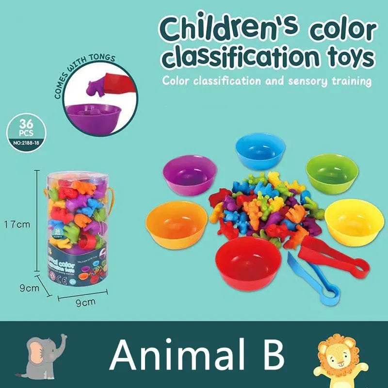 Rainbow Animal Matching Game with tongs and bowls for fine motor training and hand strength practice in toddlers.