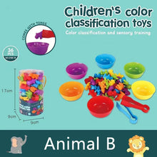 Rainbow Animal Matching Game with tongs and bowls for fine motor training and hand strength practice in toddlers.