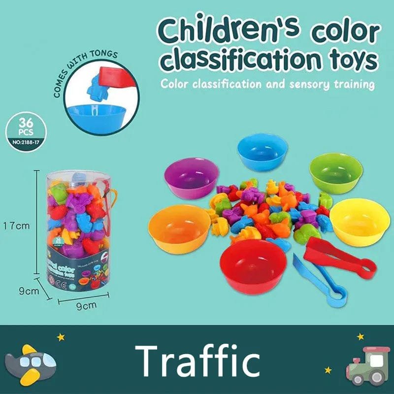 Rainbow Animal Matching Game sensory play set with bowls and blocks for toddler sorting games and quiet learning time.