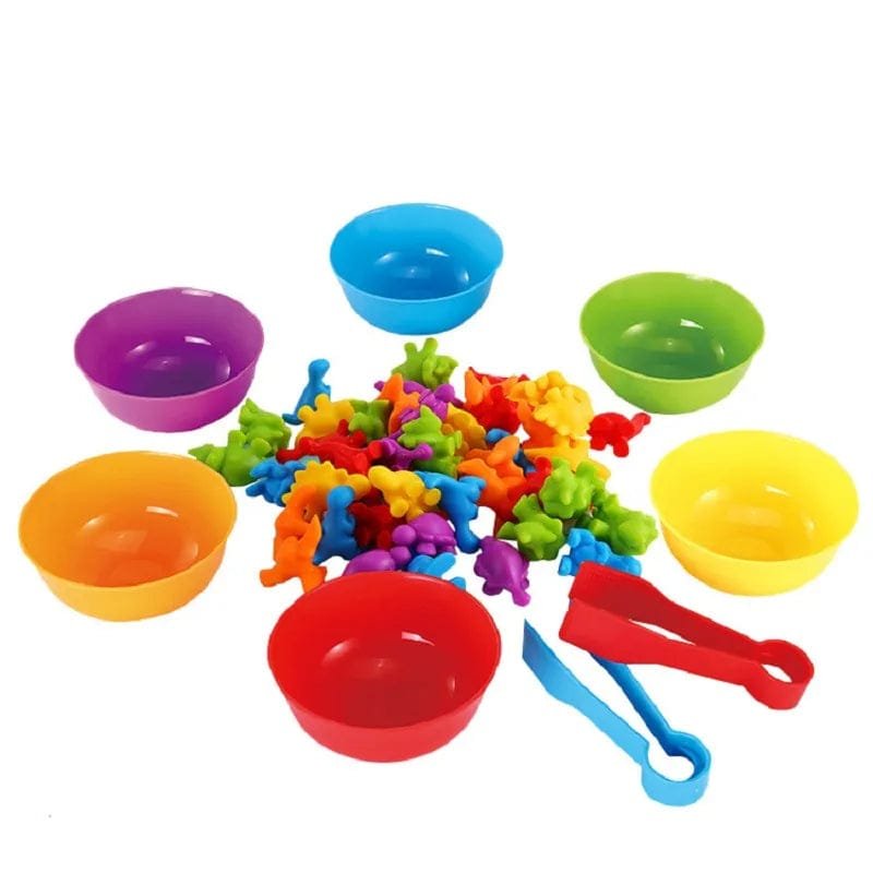 Rainbow Animal Matching Game with sorting bowls and figurines for teaching colours and counting to toddlers.