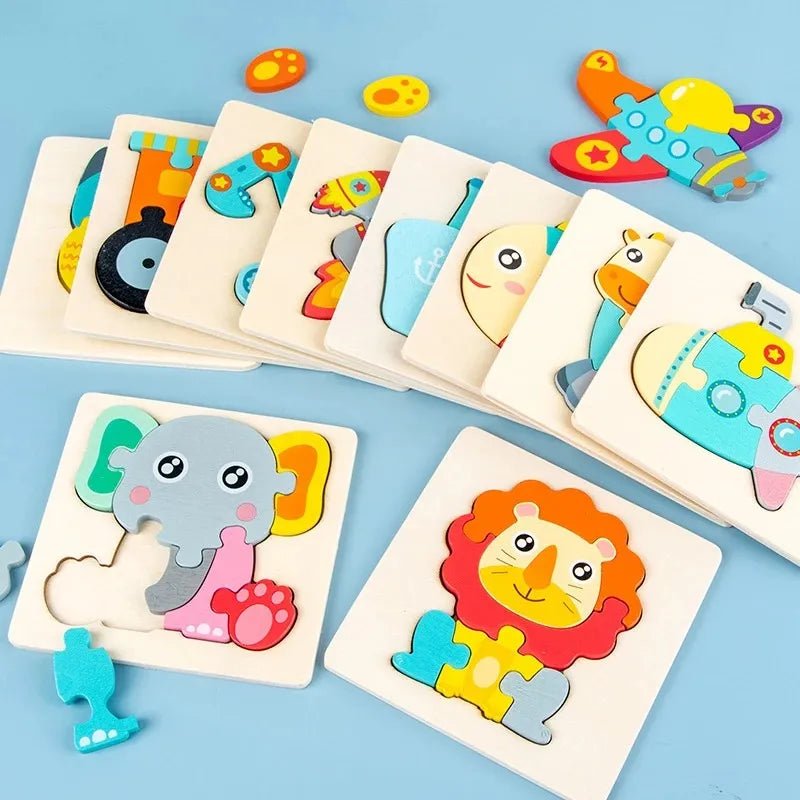 Set of colorful animal-themed wooden puzzles.