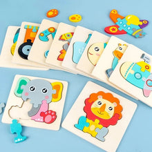 Set of colorful animal-themed wooden puzzles.