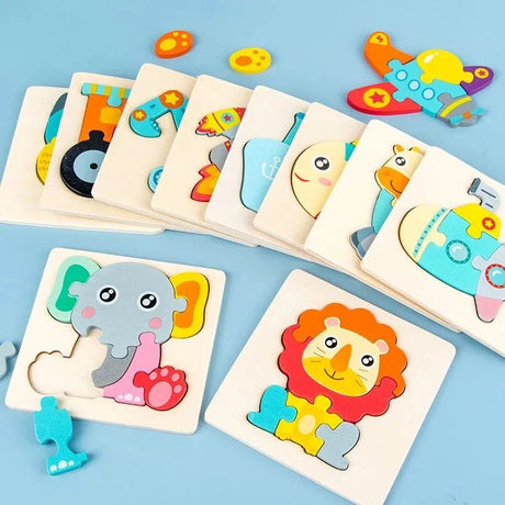 Set of colorful animal-themed wooden puzzles.