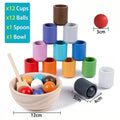 Rainbow Ball and Cups wooden Montessori sorting set with measurements for nursery use and travel-friendly play.