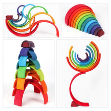 A collage of colorful wooden toys with rainbow patterns.