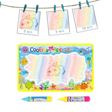 Rainbow doodle water mat and two magic pens displayed together for mess-free kids doodling.