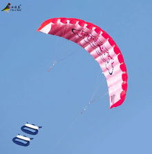 Red and white rainbow stunt parafoil kite with dual control lines for outdoor sports and trick flying.
