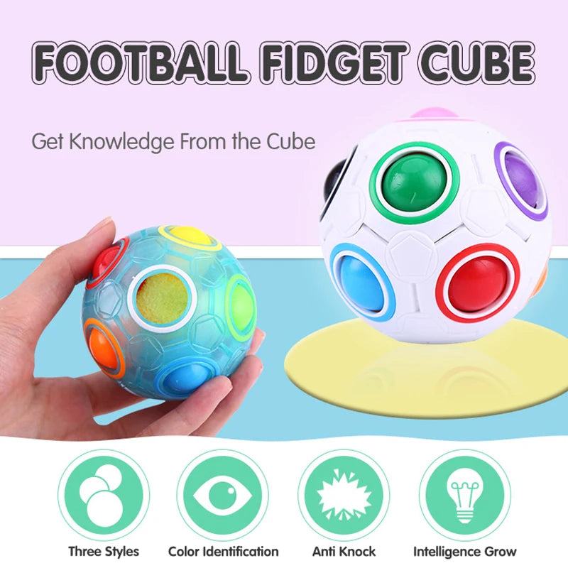 Colorful fidget cube with text about its features.
