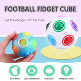 Colorful fidget cube with text about its features.
