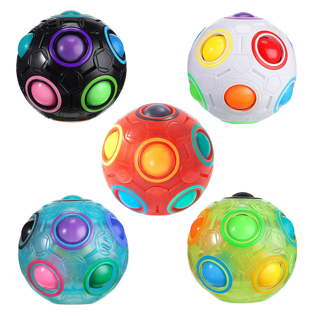 Five colorful puzzle balls.