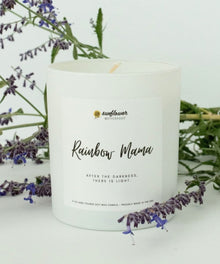 Rainbow Mama Pregnancy Loss Candle styled with lavender for calming remembrance rituals and restful evenings at home.