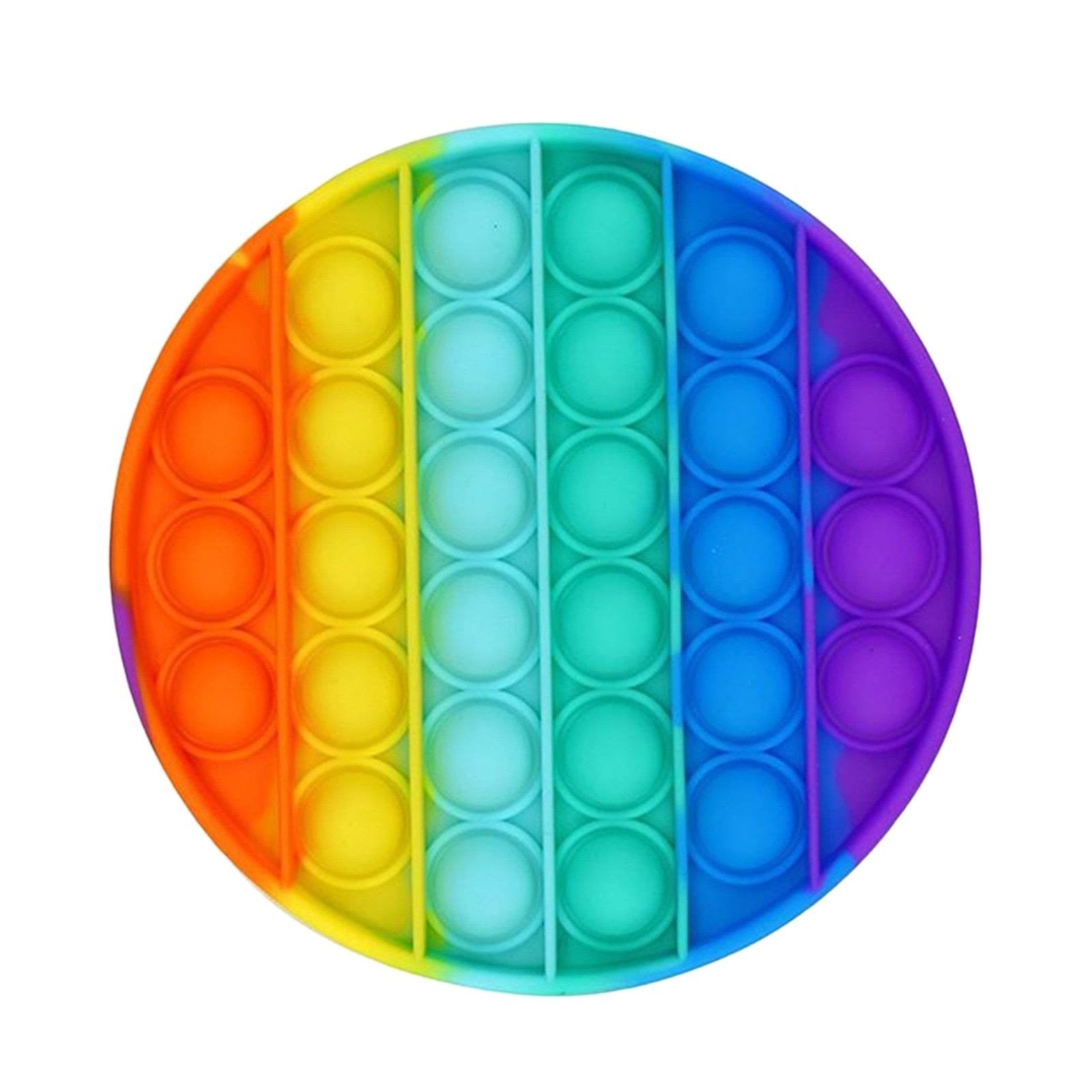 Rainbow push pop bubble sensory toy round design for calming, repetitive fidget play.
