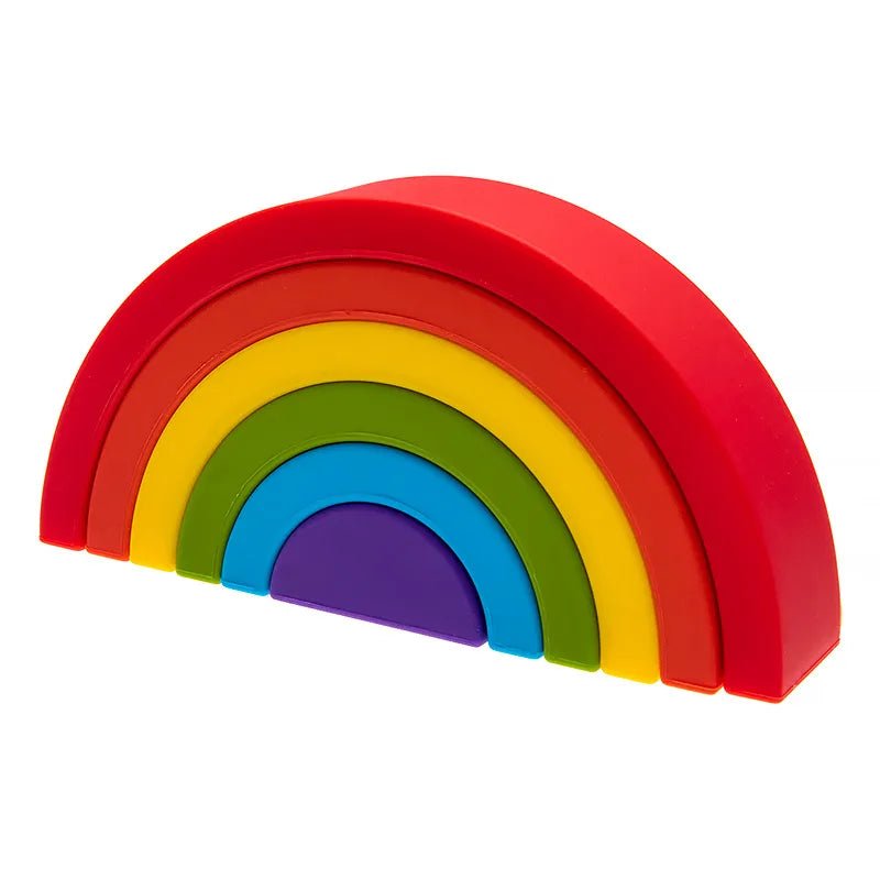 Rainbow Silicone Baby Blocks interlocked and nested for travel-friendly packing and on-the-go toddler entertainment.