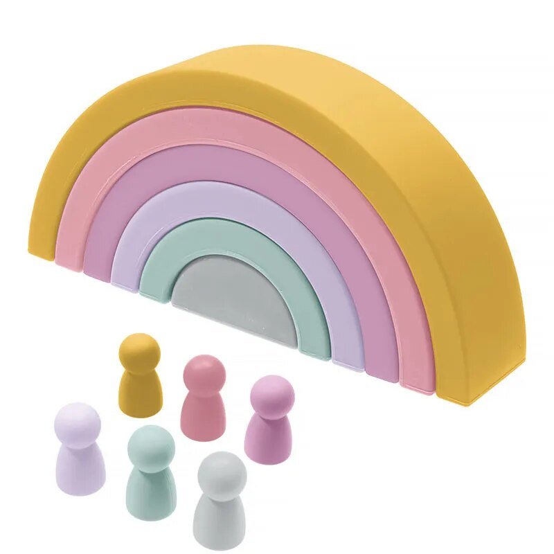 Rainbow Silicone Baby Blocks with pastel pegs for counting lessons, colour pairing, and hands-on early learning.