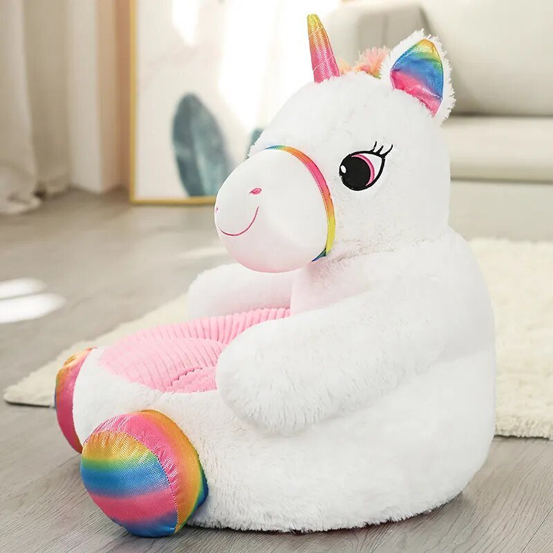 Rainbow unicorn plush baby seat sofa animal chair with soft filling for toddler seating, nursery styling, and play.