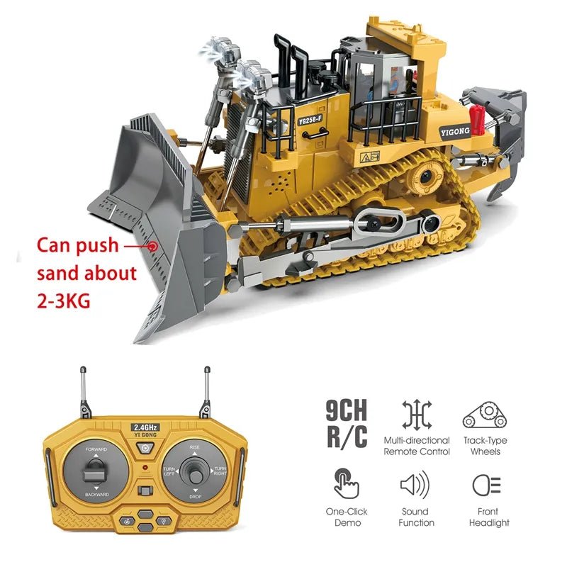 RC bulldozer with remote control, a construction vehicle toy for pushing sand and role play building games.