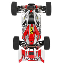 Top-down view of the red and white RC crawler chassis showing the 4WD drivetrain layout.