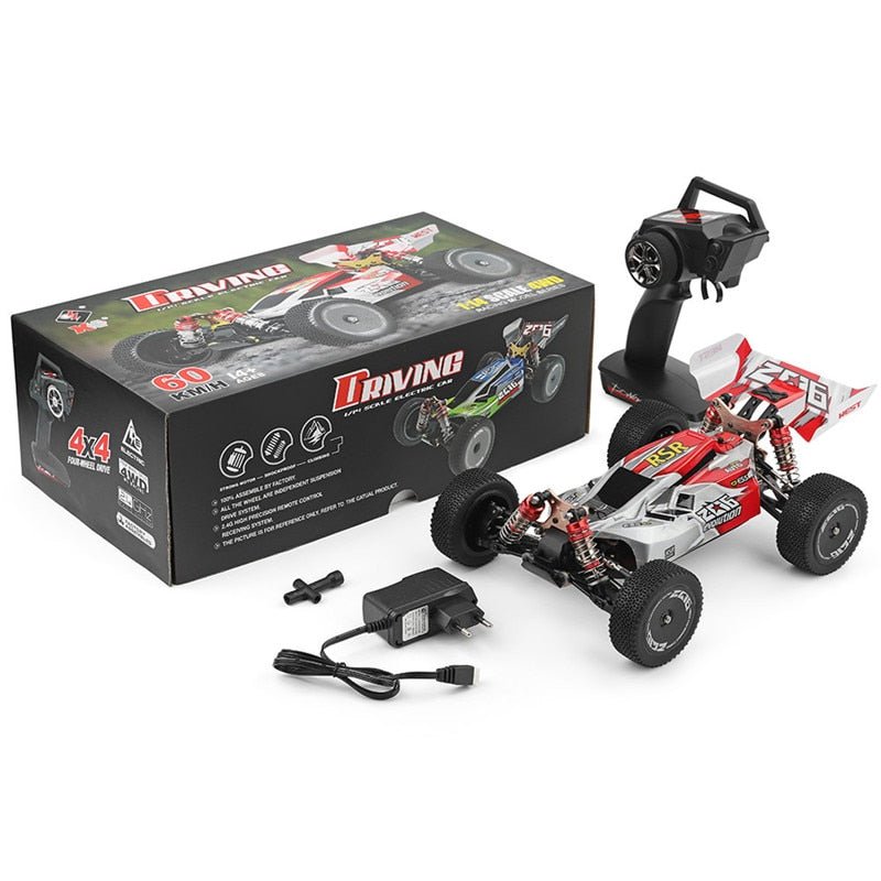 Off-road 4WD RC crawler vehicle with remote control and accessories for outdoor racing.
