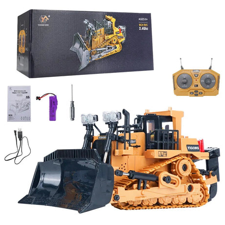 Toy bulldozer with remote control, battery, and accessories 