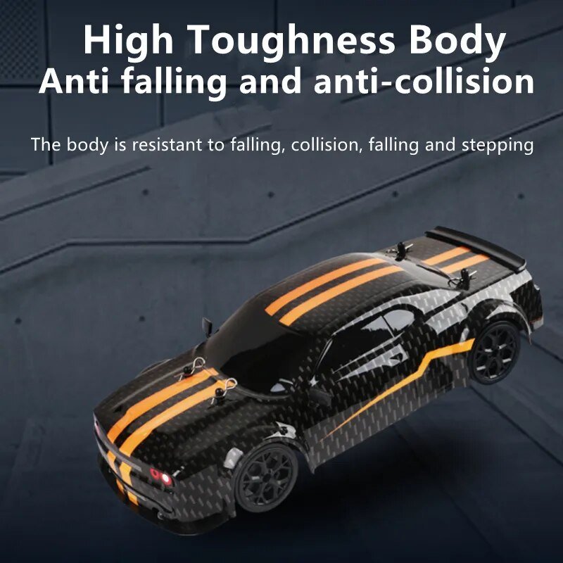 4WD RC drift car highlighting a tough impact-resistant body built for rough outdoor play.
