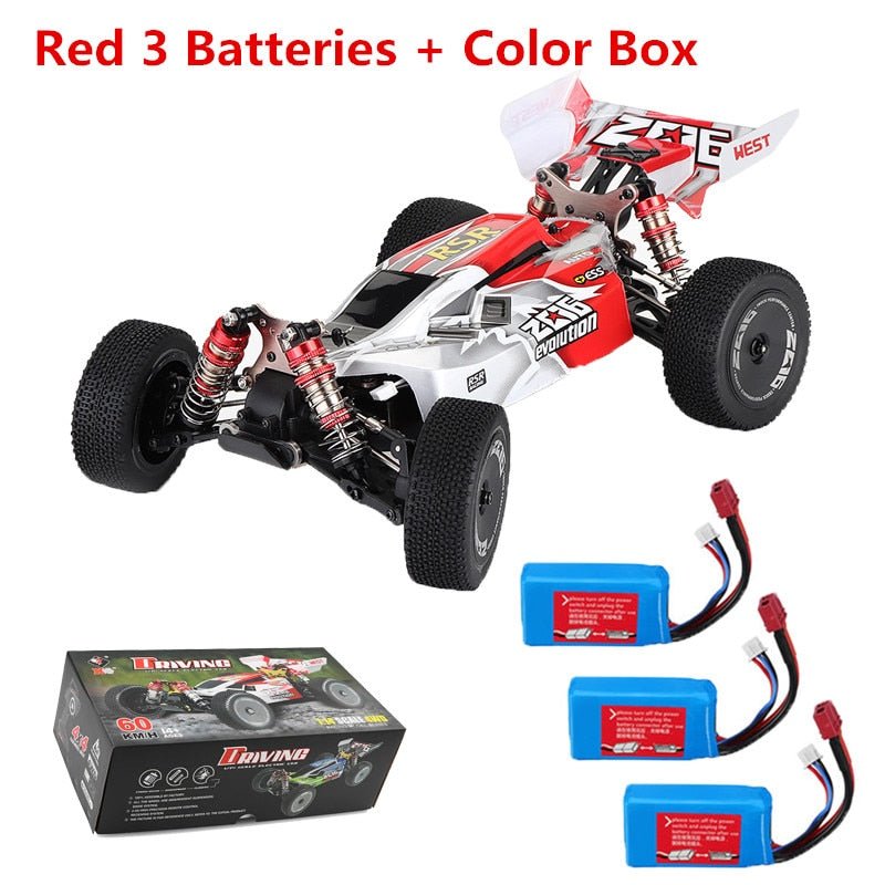 RC drift crawler unboxing view with batteries and retail packaging for gift-ready presentation.