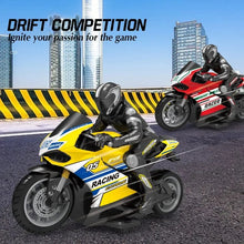 Two remote control drift motorcycles on a racetrack scene, 4CH toy bikes for competitive racing fun with friends.