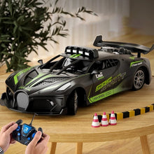 RC drift race car with alloy chassis and remote control for indoor drifting and hobby racing.