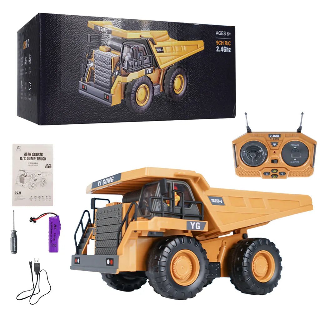 RC dumper truck boxed set with controller and battery for kids carting sand around their play area.