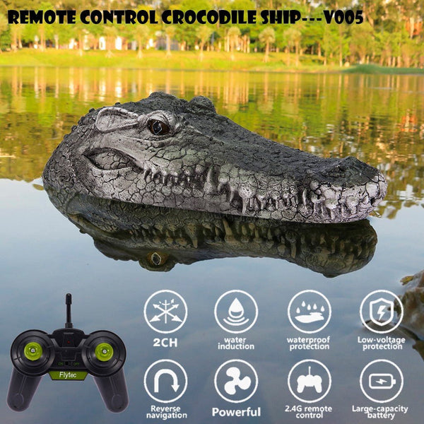 RC Electric Racing Boat with crocodile head spoof design floating on water for pool play and outdoor water fun.