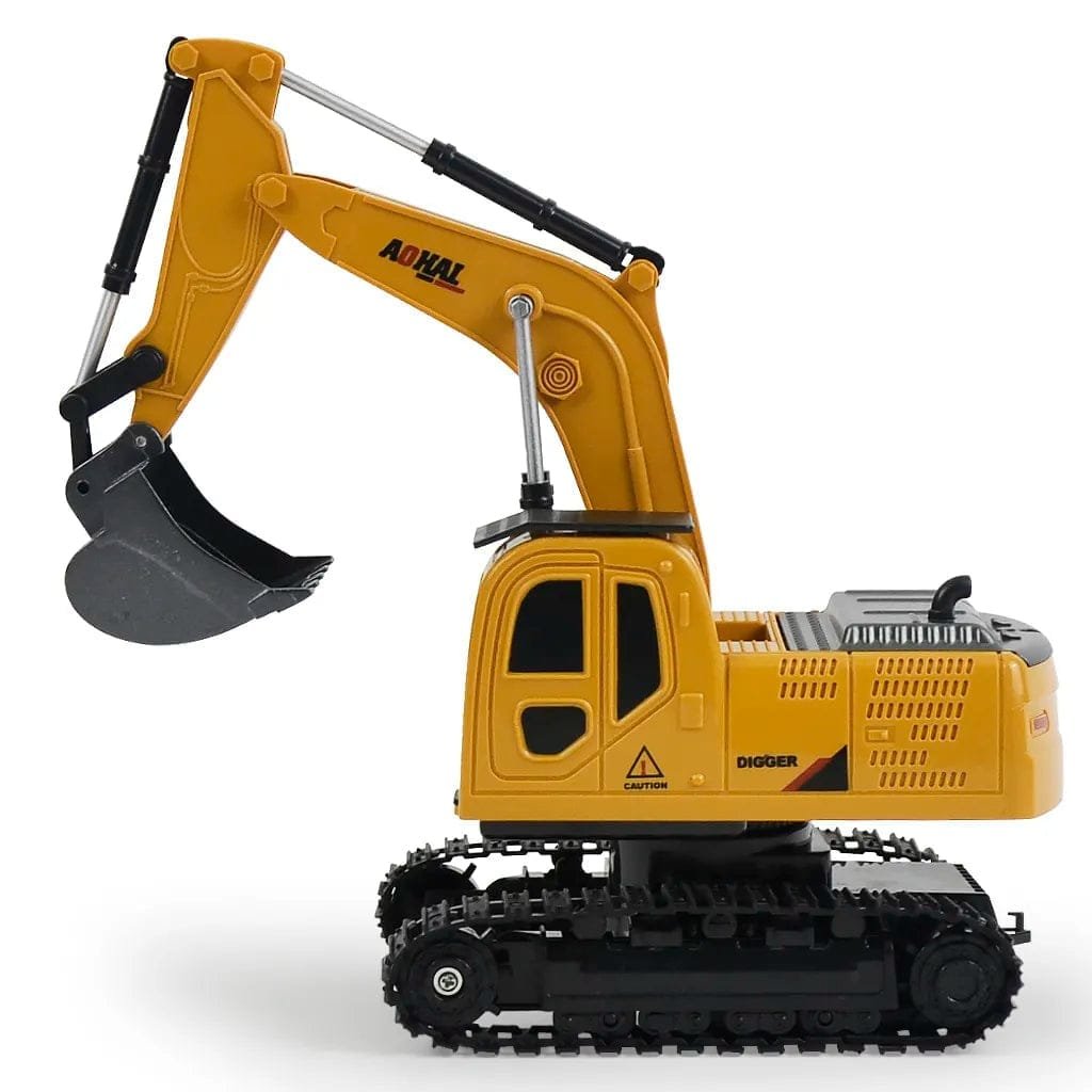 Toy excavator with a black bucket.
