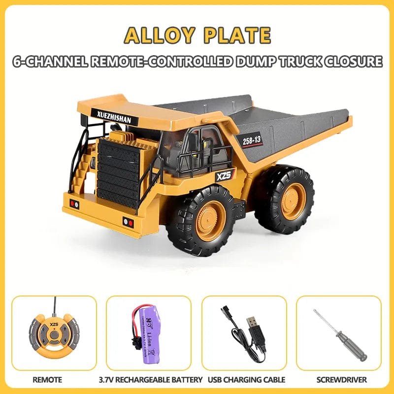 RC Excavator Dumper 6-channel dump truck with accessories for hauling sand, gravel, and toy loads during play.